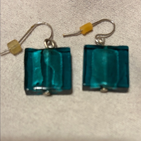 Iridescent Teal Square Glass Earrings - Picture 2 of 5